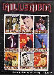 Afghanistan 1999 Millennium - Music Stars of the 20th Century (Senior) perf sheetlet containing 9 values unmounted mint, stamps on , stamps on  stamps on millennium, stamps on  stamps on personalities, stamps on  stamps on entertainments, stamps on  stamps on music, stamps on  stamps on sinatra, stamps on  stamps on elvis, stamps on  stamps on rock