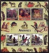 Congo 2005 Animals & Birds perf sheetlet containing 6 values each with Scouts Logo unmounted mint, stamps on birds, stamps on animals, stamps on lions, stamps on cats, stamps on elephants, stamps on parrots, stamps on scouts