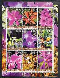 Rwanda 2001 Orchids perf sheetlet containing 9 values each with Rotary & Lions Int Logos unmounted mint , stamps on orchids, stamps on flowers, stamps on lions int, stamps on rotary