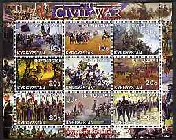 Kyrgyzstan 2001 The Civil War as seen by Mort Kunstler perf sheetlet containing 9 values unmounted mint, stamps on americana, stamps on battles, stamps on horses, stamps on arts, stamps on flags