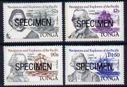 Tonga 1984 Navigators & Explorers of the Pacific (1st Issue) self-adhesive set of 4 opt'd SPECIMEN, as SG 861-64 (blocks or gutter pairs with anchor pro rata) unmounted mint, stamps on explorers, stamps on ships, stamps on bligh, stamps on cook, stamps on self adhesive