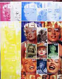 Uzbekistan 2002 Marilyn Monroe #1 imperf sheetlet containing set of 9 values (Inscribed Merilyn) the set of 5 progressive proofs comprising the 4 individual colours plus all 4-colour composite (as issued) all unmounted mint, stamps on , stamps on  stamps on films, stamps on  stamps on cinema, stamps on  stamps on entertainments, stamps on  stamps on music, stamps on  stamps on personalities, stamps on  stamps on marilyn monroe