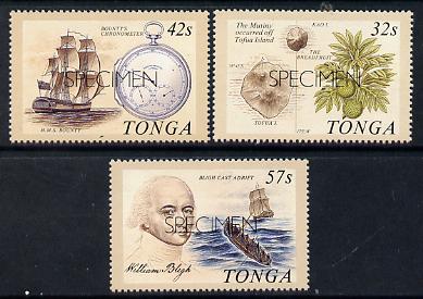 Tonga 1989 Bicentenary of Mutany on Bounty set of 3 optd SPECIMEN (Bligh, Breadfruit, Chronometer) unmounted mint as SG 1032-34, stamps on clocks, stamps on explorers, stamps on personalities, stamps on ships, stamps on bligh