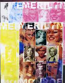 Uzbekistan 2002 Marilyn Monroe #3 imperf sheetlet containing set of 9 values (Inscribed Merilyn) the set of 5 progressive proofs comprising the 4 individual colours plus ..., stamps on films, stamps on cinema, stamps on entertainments, stamps on music, stamps on personalities, stamps on marilyn monroe