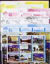 Somalia 2002 Impressionists - Alfred Sisley imperf sheetlet containing 9 values, the set of 5 progressive proofs comprising the 4 individual colours plus all 4-colour composite (as issued) all unmounted mint, stamps on arts, stamps on sisley