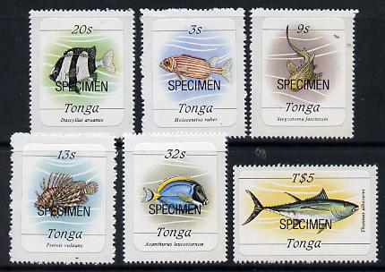 Tonga 1984 Marine Life (Fish) self-adhesive 6 values (3s, 9s, 13s, 20s, 32s & T$5) opt'd SPECIMEN (between SG 867-81) unmounted mint*, stamps on fish, stamps on marine-life, stamps on self adhesive