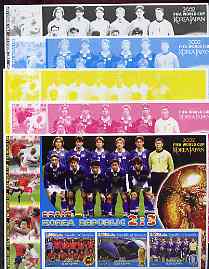 Somalia 2002 Football World Cup (Spain v Korea) large sheetlet containing 3 values, the set of 5 progressive proofs comprising the 4 individual colours plus all 4-colour composite (as issued) all unmounted mint, stamps on football, stamps on sport