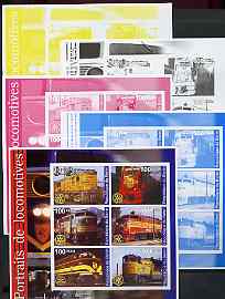 Benin 2002 Portraits of Locomotives perf sheetlet containing set of 6 values each with Rotary Logo, the set of 5 progressive proofs comprising the 4 individual colours pl..., stamps on railways, stamps on rotary