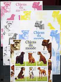 Benin 2002 World of Dogs imperf sheetlet containing set of 6 values each with Scout Logo, the set of 5 progressive proofs comprising the 4 individual colours plus all 4-colour composite (as issued) all unmounted mint, stamps on dogs, stamps on scouts