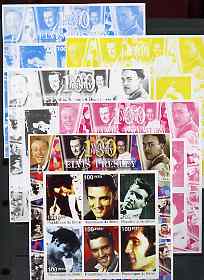 Benin 2002 Birth Centenary of Walt Disney imperf sheetlet containing 6 values showing Elvis (with Disney in borders), the set of 5 progressive proofs comprising the 4 ind..., stamps on elvis, stamps on music, stamps on entertainments, stamps on films, stamps on disney, stamps on cinema