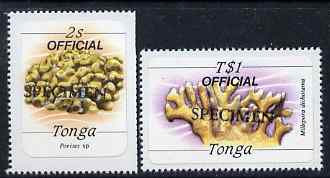 Tonga 1984 Marine Life (Coral) self-adhesive 2s & T$1 opt'd OFFICIAL additionally opt'd SPECIMEN unmounted mint as SG O221 & O233*, stamps on coral, stamps on marine-life, stamps on self adhesive