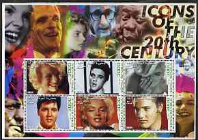 Somalia 2001 Icons of the 20th Century #01 - Elvis & Marilyn perf sheetlet containing 6 values with Churchill, Queen Mother, Luther King & Satchmo in background fine cto used, stamps on personalities, stamps on millennium, stamps on movies, stamps on films, stamps on music, stamps on marilyn, stamps on elvis, stamps on royalty, stamps on churchill, stamps on jazz, stamps on marilyn monroe, stamps on kennedy