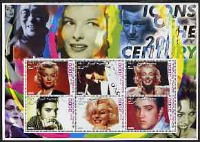 Somalia 2001 Icons of the 20th Century #02 - Elvis & Marilyn perf sheetlet containing 6 values with John Wayne in background fine cto used, stamps on personalities, stamps on millennium, stamps on movies, stamps on films, stamps on music, stamps on marilyn, stamps on elvis, stamps on , stamps on marilyn monroe