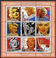 Ivory Coast 2002 Marilyn Monroe 40th Death Anniversary #3 perf sheetlet containing 9 values fine cto used, stamps on films, stamps on cinema, stamps on entertainments, stamps on music, stamps on personalities, stamps on marilyn monroe, stamps on women