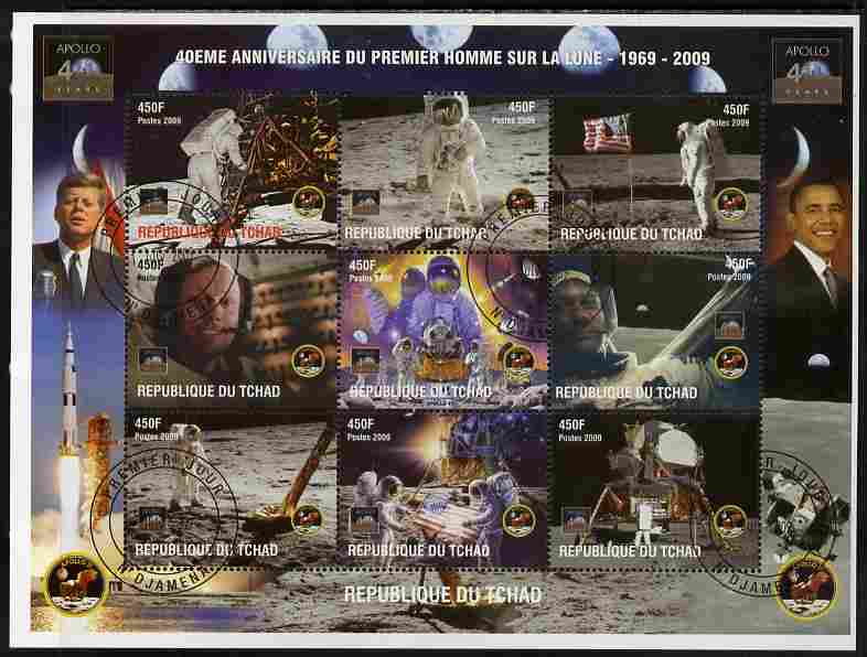 Chad 2009 40th Anniversary of Moon Landing perf sheetlet containing 9 values cto used, stamps on personalities, stamps on space, stamps on apollo, stamps on kennedy, stamps on obama, stamps on usa presidents, stamps on flags, stamps on rockets