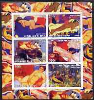 Benin 2003 Nudes in Art #03 imperf sheetlet containing 6 values unmounted mint (works by Vallotton, Gauguin, BÃ¶cklin, Glackens, Larionov & Rousseau), stamps on arts, stamps on nudes