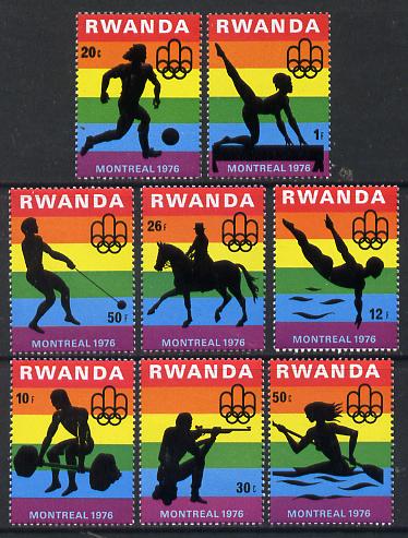 Rwanda 1976 Montreal Olympic Games (2nd issue) perf set of 8 values unmounted mint, SG 767-74, stamps on olympics, stamps on canoeing, stamps on weights, stamps on gymnastics, stamps on football, stamps on diving, stamps on horses, stamps on shooting, stamps on weight lifting, stamps on hammer, stamps on 