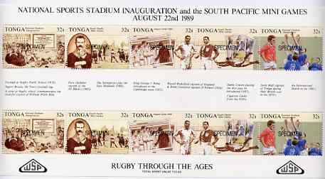 Tonga 1989 Sports Stadium (Rugby through the Ages) sheetlet optd SPECIMEN unmounted mint, as SG 1040a, stamps on rugby, stamps on sport, stamps on civil engineering
