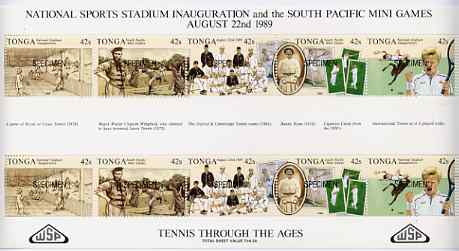 Tonga 1989 Sports Stadium (Tennis through the Ages) sheetlet opt'd SPECIMEN unmounted mint, as SG 1045a, stamps on , stamps on  stamps on sport, stamps on  stamps on tennis, stamps on  stamps on civil engineering