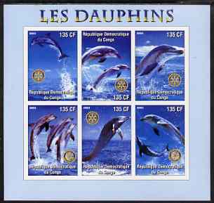 Congo 2003 Dolphins imperf sheetlet #01 (vertical stamps) containing 6 values each with Rotary Logo, unmounted mint, stamps on rotary, stamps on dolphins, stamps on marine life