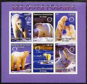 Congo 2003 Polar Bears imperf sheetlet #02 (violet border) containing 6 values each with Rotary Logo, unmounted mint, stamps on , stamps on  stamps on rotary, stamps on  stamps on bears, stamps on  stamps on polar