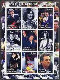 Turkmenistan 2001 Tribute to George Harrison imperf sheetlet containing 9 values unmounted mint, stamps on personalities, stamps on music, stamps on pops, stamps on beatles