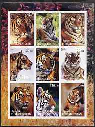 Turkmenistan 2001 Tigers imperf sheetlet containing 9 values unmounted mint, stamps on animals, stamps on cats, stamps on tigers