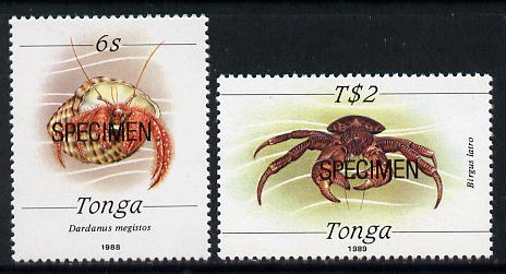 Tonga 1988 Marine Life (Crabs) 6s & T$2 opt'd SPECIMEN unmounted mint, as SG 1003 & 1015 , stamps on crabs, stamps on food, stamps on marine-life