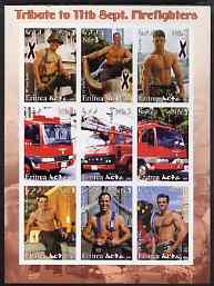 Eritrea 2003 Tribute to 11th Sept Fire-Fighters imperf sheetlet containing set of 9 values unmounted mint, stamps on fire