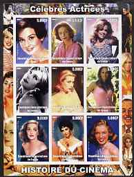 Congo 2003 History of the Cinema #04 (Actresses) imperf sheetlet containing 9 values unmounted mint (Showing Jane Fonda, Lauren Bacall, Audrey Hepburn, Greta Garbo, Grace Kelly, Ursula Andress, Bette Davis, Liz Taylor & Marilyn), stamps on movies, stamps on films, stamps on cinema, stamps on women, stamps on marilyn monroe