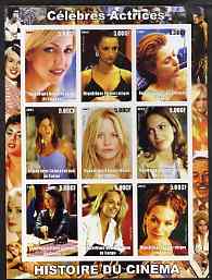 Congo 2003 History of the Cinema #06 (Actresses) imperf sheetlet containing 9 values unmounted mint (Showing Heather Locklear, Penelope Cruz, Gillian Anderson, Jennifer Aniston, Meg Ryan, Jennifer Lopez, Lucy Liu, Helen Hunt & Franke Pottente), stamps on personalities, stamps on entertainments, stamps on films, stamps on cinema, stamps on women