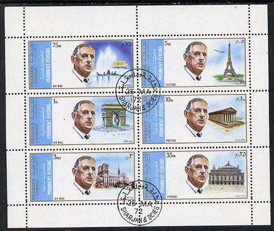 Sharjah 1972 Famous Persons (Charles de Gaulle with Famous Buildings, Concorde, etc) set of 6 cto used, Mi 875-80 , stamps on , stamps on  stamps on personalities     buildings   constitutions     de gaulle     concorde, stamps on  stamps on personalities, stamps on  stamps on de gaulle, stamps on  stamps on  ww1 , stamps on  stamps on  ww2 , stamps on  stamps on militaria