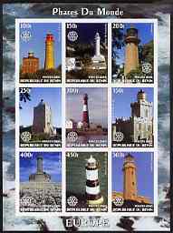 Benin 2003 Lighthouses of Europe imperf sheetlet containing 9 values each with Rotary Logo unmounted mint, stamps on lighthouses, stamps on rotary