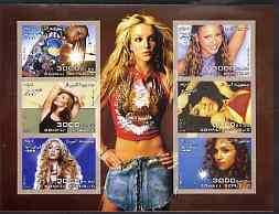 Somalia 2003 Pop Stars #1 imperf sheetlet containing 6 values unmounted mint (Alicia Keys, Kylie, Shakira, Beyonce, Madonna & Aaliyah), stamps on music, stamps on pops, stamps on women