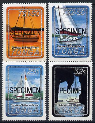 Tonga 1983 Christmas (Yachting) self-adhesive set of 4 opt'd SPECIMEN (Map used as backing paper), as SG 857-60*, stamps on christmas, stamps on maps, stamps on ships, stamps on yachting, stamps on self adhesive, stamps on sailing