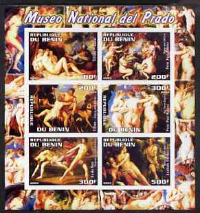 Benin 2003 Nude Paintings from the Prado National Museum imperf sheetlet containing 6 values unmounted mint (showing works by Titian x 2, Rubens x 2, Reni & Carracci), stamps on arts, stamps on nudes, stamps on titian, stamps on rubens, stamps on renaissance
