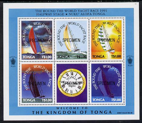 Tonga 1991 Round the World Yacht Race m/sheet (5 vals plus label showing clock face) optd SPECIMEN unmounted mint as SG MS 1129, stamps on clocks, stamps on ships, stamps on yachting, stamps on sailing