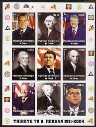 Congo 2004 Tribute to Ronald Reagan (with Masonic Symbols in margins) imperf sheetlet containing 9 values, unmounted mint, stamps on films, stamps on cinema, stamps on entertainments, stamps on personalities, stamps on americana, stamps on presidents, stamps on masonics, stamps on masonry