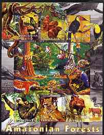 Kyrgyzstan 2004 Fauna of the World - Amazonian Forests imperf sheetlet containing 6 values unmounted mint, stamps on animals, stamps on apes, stamps on birds, stamps on cats, stamps on snakes, stamps on reptiles, stamps on toucans, stamps on parrots, stamps on , stamps on snake, stamps on snakes, stamps on 