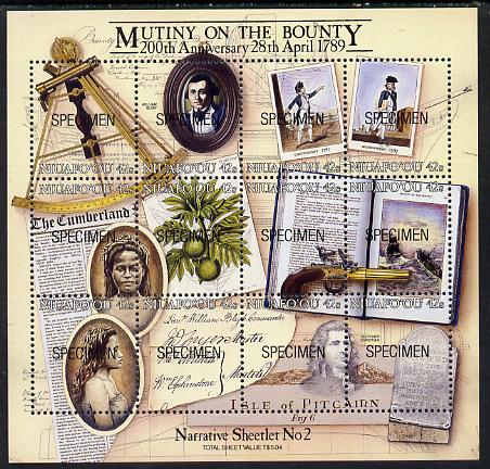 Tonga - Niuafo'ou 1989 Bicentenary of Mutany on Bounty m/sheet opt'd SPECIMEN (Bligh, Breadfruit, Sextant, Pistol) unmounted mint as SG MS 112, stamps on , stamps on  stamps on explorers, stamps on  stamps on militaria, stamps on  stamps on newspapers, stamps on  stamps on personalities, stamps on  stamps on ships, stamps on  stamps on navigation, stamps on  stamps on bligh, stamps on  stamps on firearms