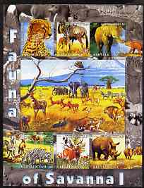 Kyrgyzstan 2004 Fauna of the World - Savanna #1 imperf sheetlet containing 6 values unmounted mint, stamps on animals, stamps on antelopes, stamps on elephants, stamps on lions, stamps on cats, stamps on zebras, stamps on rhinos, stamps on vultures, stamps on birds of prey, stamps on zebra