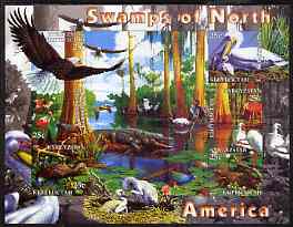 Kyrgyzstan 2004 Fauna of the World - Swamps of N America imperf sheetlet containing 6 values unmounted mint, stamps on animals, stamps on eagles, stamps on birds, stamps on birds of prey, stamps on pelicans, stamps on alligators, stamps on swans, stamps on lilies