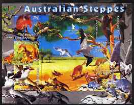 Kyrgyzstan 2004 Fauna of the World - Australian Steppes imperf sheetlet containing 6 values unmounted mint, stamps on animals, stamps on kangaroos, stamps on dogs, stamps on dingos, stamps on birds