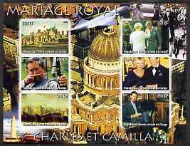 Congo 2005 Royal Marriage - Charles & Camilla #1 imperf sheetlet containing set of 6 values unmounted mint, stamps on royalty, stamps on charles, stamps on camilla, stamps on concorde, stamps on london, stamps on lighthouses, stamps on archery
