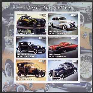 Ivory Coast 2003 Classic Cars imperf sheetlet containing 6 values unmounted mint, stamps on cars, stamps on bugatti, stamps on cadillac, stamps on cord, stamps on mercedes, stamps on rolls royce