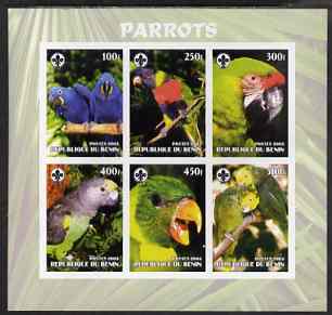Benin 2003 Parrots #2 imperf sheetlet containing 6 values each with Scouts Logo, unmounted mint, stamps on scouts, stamps on birds, stamps on parrots