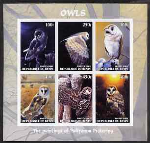 Benin 2003 Owls #2 imperf sheetlet containing 6 values unmounted mint, stamps on birds, stamps on birds of prey, stamps on owls