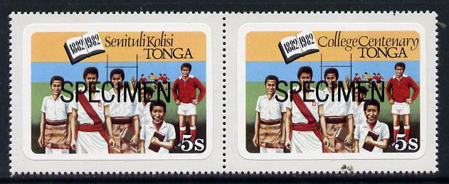 Tonga 1982 Rugby Team 5s se-tenant bi-lingual pair from College Centenary self-adhesive set optd SPECIMEN unmounted mint, as SG 825-26, stamps on education, stamps on self adhesive, stamps on rugby