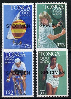 Tonga 1988 Olympic Games set of 4 opt'd SPECIMEN (Athletics, Yachting, Cycling, Tennis) unmounted mint as SG 990-93*, stamps on bicycles, stamps on olympics, stamps on sport, stamps on tennis, stamps on yachting