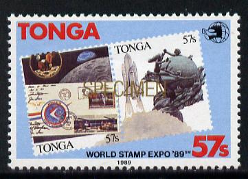 Tonga 1989 World Stamp EXPO 89 57s value opt'd SPECIMEN in black unmounted mint, as SG 1064*, stamps on space, stamps on stamp on stamp, stamps on  upu , stamps on stamp exhibitions, stamps on space, stamps on  upu , stamps on , stamps on stamponstamp